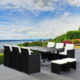 Outsunny 11 Pieces Patio Wicker Dining Sets, Space Saving Outdoor Sectional Conversation Set, with Dining Table, Ottoman and Chair & Cushioned for Lawn Garden Backyard, Cream White Outsunny