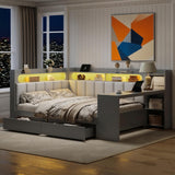 MaiDeHaoo Full Size Daybed with Storage Shelves and Upholstered Headboard, Corner Bed Frame with L-Shaped Bookcase, Drawers and Charging Station, Captains Bedframe with LED Light and Backrest, Grey MaiDeHaoo