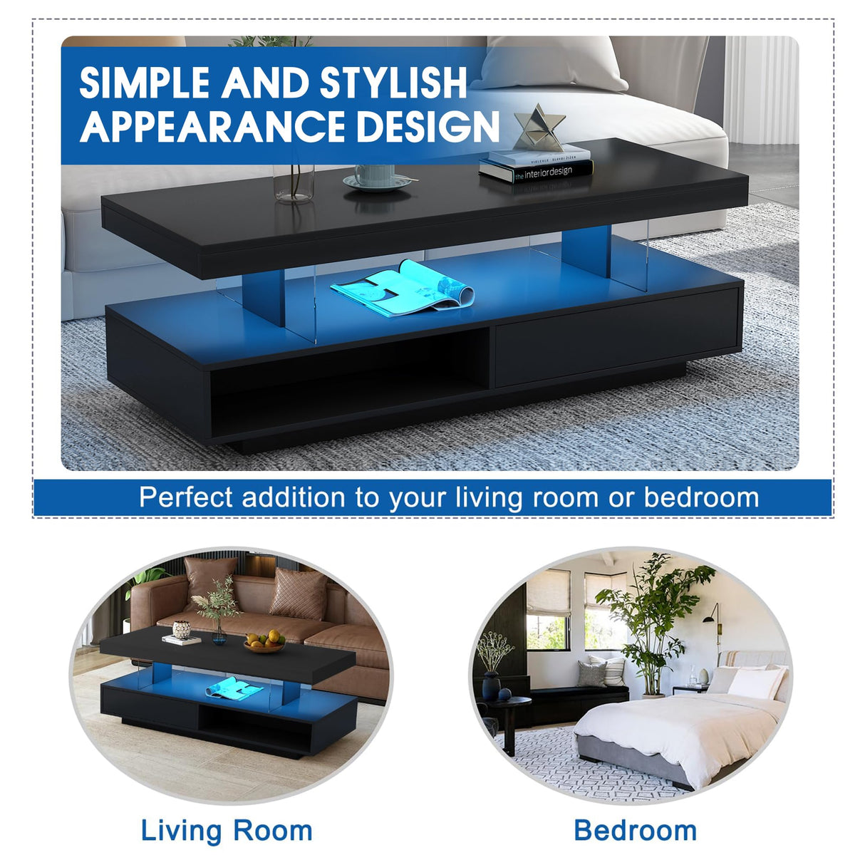 realglow LED Coffee Table with Storage, LED Coffee Tables for Living Room, High Gloss Coffee Table with LED Lights, Modern Center Table with Open Display Shelf & 2 Sliding Drawers (Black) realglow