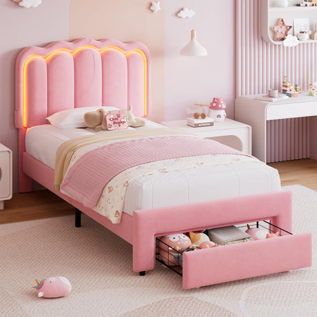 Twin Upholstered LED Bed Frame with Storage Drawer and Adjustable Chic Double Wavy Headboard, Velvet Princess Platform Bed for Girls/Kids, Solid Wood Slats Support, No Box Spring Needed, Pink Jocoevol