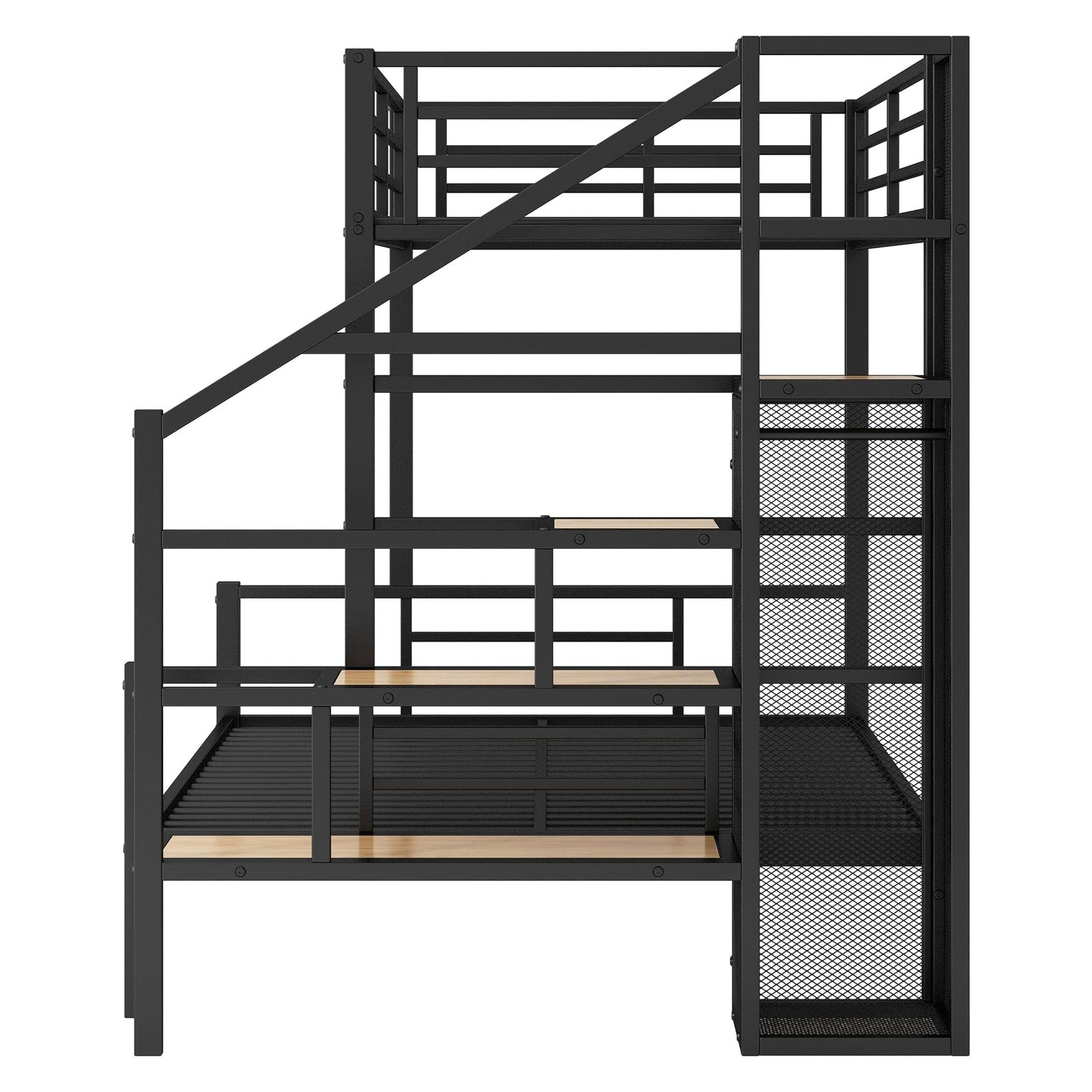 Harper & Bright Designs Twin Over Full Bunk Bed with Stairs, Metal Stairway Bunk Bed Frame with Storage and Open Wardrobe, for Kids Teens Adults - Black