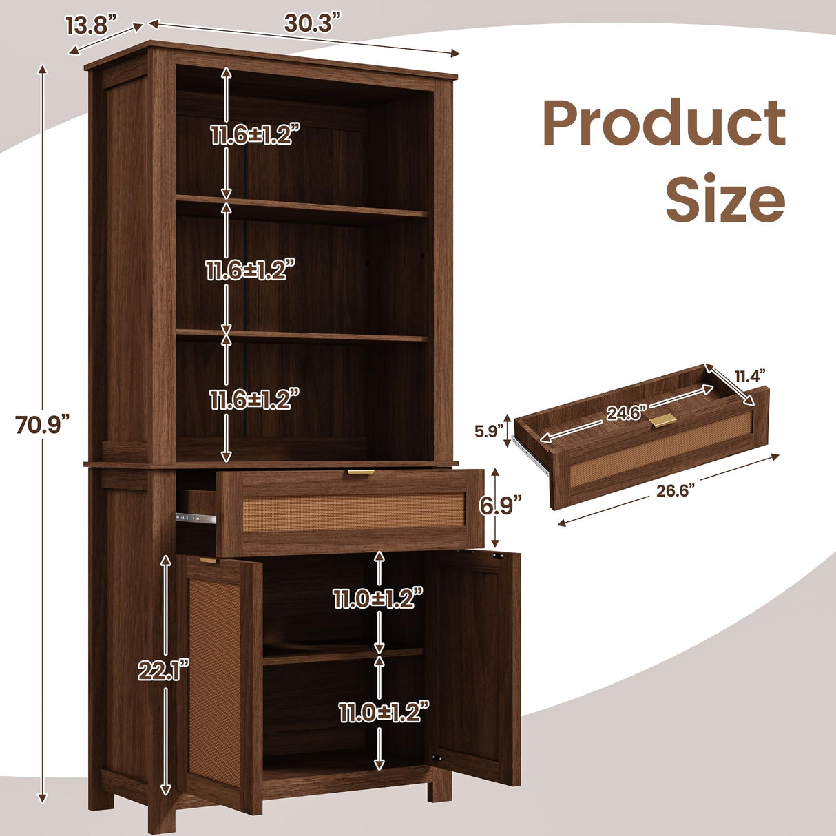 EROMMY 5 Tier Rattan Bookshelf with Drawer, 71" Tall Boho Bookcase, Large Wooden Farmhouse Bookshelf with Doors Storage Cabinet and Display Shelves for Living Room, Bedroom, Home Office, Walnut EROMMY