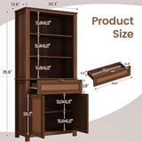 EROMMY 5 Tier Rattan Bookshelf with Drawer, 71" Tall Boho Bookcase, Large Wooden Farmhouse Bookshelf with Doors Storage Cabinet and Display Shelves for Living Room, Bedroom, Home Office, Walnut EROMMY