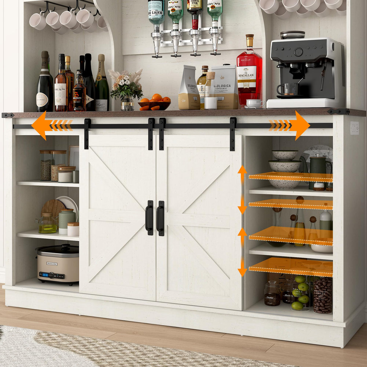 Farmhouse Coffee Bar Cabinet with LED Light, Charging Station & Sliding Barn Doors - 63"W x 71"H Large Wine Rack, Built-in Liquor Dispenser, Glass/Mug Holders for Kitchen, Living Room, Hallway chartustriable