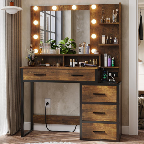 Tiptiper Vintage Vanity Desk, Makeup Vanity with Mirror and 10 LED Lights, 3 Lighting Modes, Makeup Table with 2 USB Ports and Outlets, Vanity Table Tiptiper