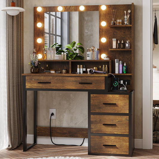 Tiptiper Vintage Vanity Desk, Makeup Vanity with Mirror and 10 LED Lights, 3 Lighting Modes, Makeup Table with 2 USB Ports and Outlets, Vanity Table - WoodArtSupply