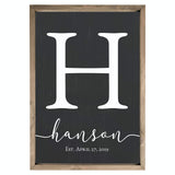 Framed Wooden Family Name Sign Personalized Wood Monogram Choose from Four Sizes (12" x 18", Weathered Grey Frame, Black Background) MRC Wood Products