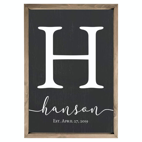 Framed Wooden Family Name Sign Personalized Wood Monogram Choose from Four Sizes (12" x 18", Weathered Grey Frame, Black Background) MRC Wood Products