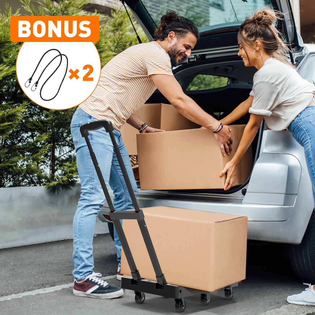 Ronlap Folding Hand Truck, Foldable Dolly Cart for Moving 500lbs Heavy Duty Luggage Cart Portable Platform Cart Collapsible Dolly with 6 Wheels & 2 Ropes for Travel House Office Moving, Black Ronlap