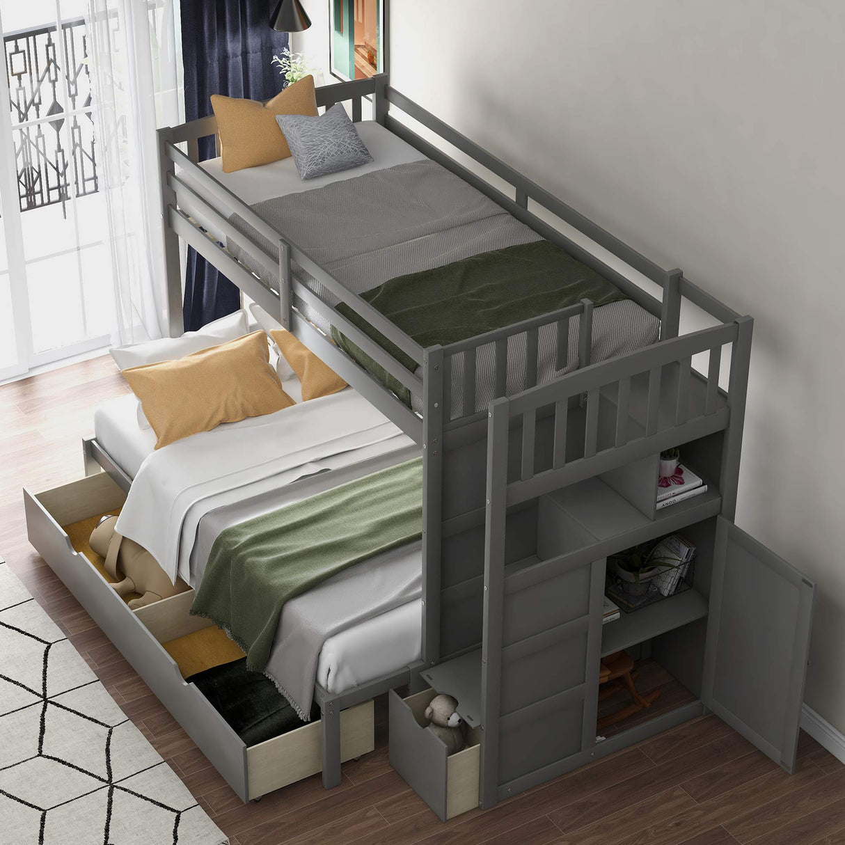 Ibraccieni Twin Bunk Bed - Twin Over Full Bed with Storage Stairway & Shelves, Drawers and Cabinet Door, Wooden Convertible Bottom Bed for Bedroom Dormitory Apartment or Guest Room, Grey Ibraccieni