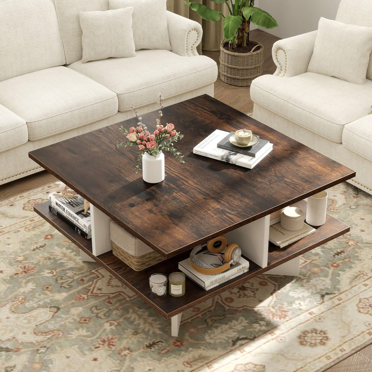 Giantex Square Coffee Table, Mid Century Modern Center Table with 4 Storage Compartments & Cross-Shape Base, 24 Inch Farmhouse Coffee Tables for Living Room (Brown) Giantex