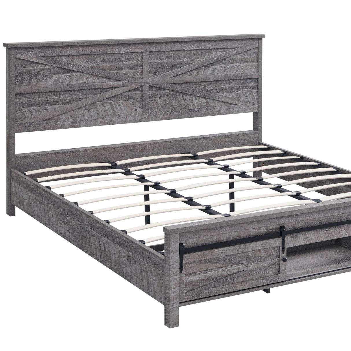 ACCOHOHO Farmhouse King Size Bed Frame with Barn Door Storage, Platform Bed Frame with Headboard, Rustic Bed, Solid Wood Slats Support/Noiseless/No Box Spring Needed (Grey) ACCOHOHO