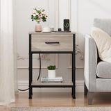 Vagusicc Nightstand Set of 2 with Charging Station, Bed Side Table with Fabric Drawer, Small End Table with 2-Tier Storage Shelves, 25.4" Tall Night Stand Bedside Table for Bedroom Living Room, Greige Vagusicc