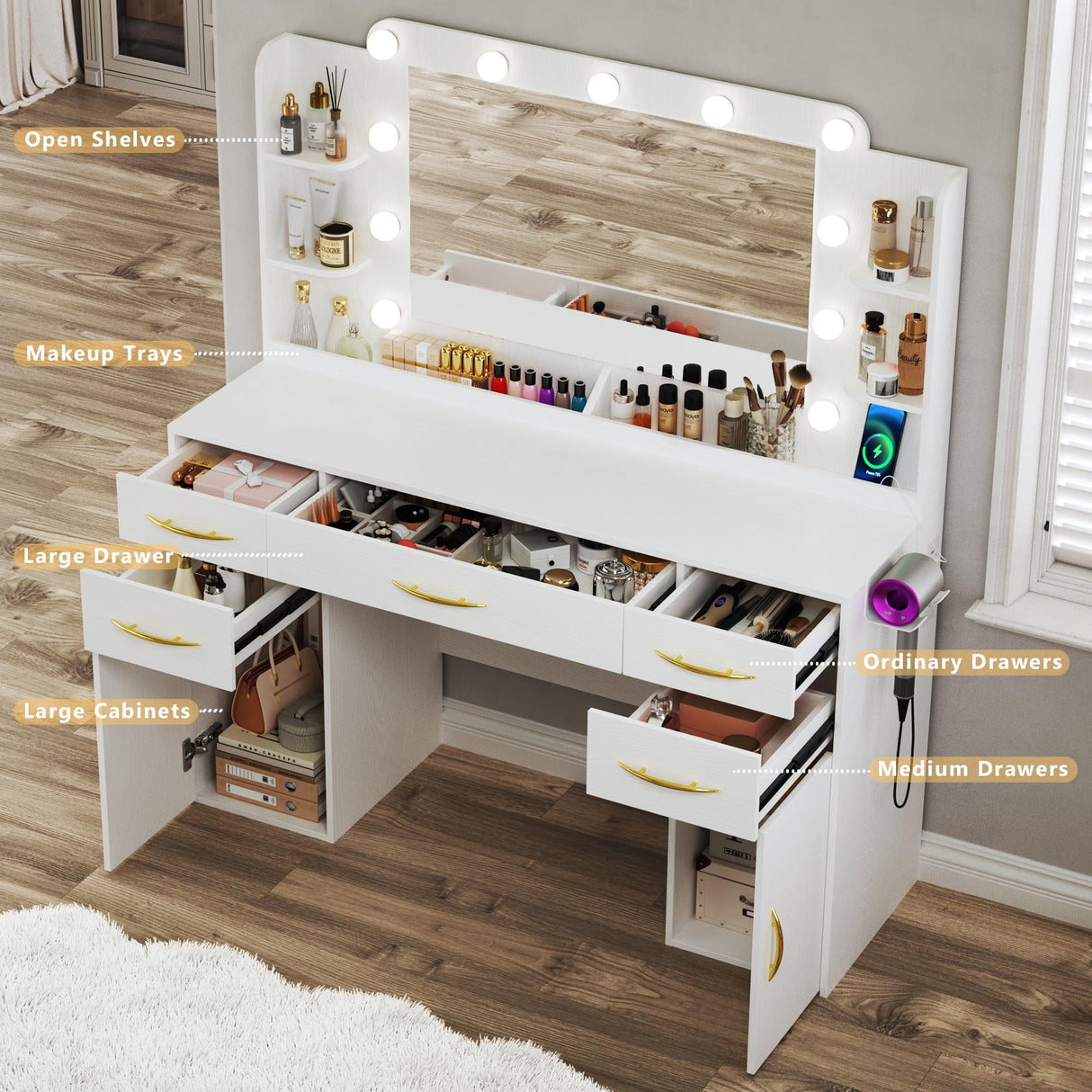 ALEXNUTRE Makeup Vanity Desk with Lights, Large Vanity Desk with Mirror and Lights in 3 Models, Vanity with Power Outlet, Vanity Desk with 5 Drawers, 2 Cabinets, Shelves, White Vanity for Bedroom ALEXNUTRE