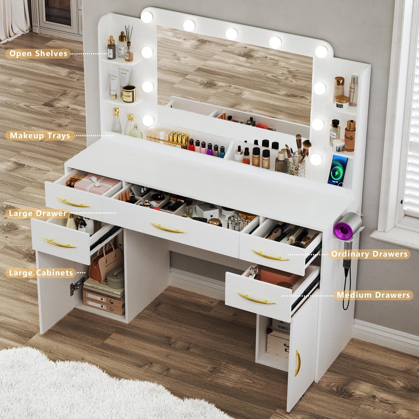 ALEXNUTRE Makeup Vanity Desk with Lights, Large Vanity Desk with Mirror and Lights in 3 Models, Vanity with Power Outlet, Vanity Desk with 5 Drawers, 2 Cabinets, Shelves, White Vanity for Bedroom