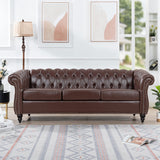 CLUBKNIGHT Modern Chesterfield Sofa Three Seater Couch,Faux Leather Couch with Rolled Arms,Comfy Couches for Living Room,Office,Reception Room(Brown) CLUBKNIGHT