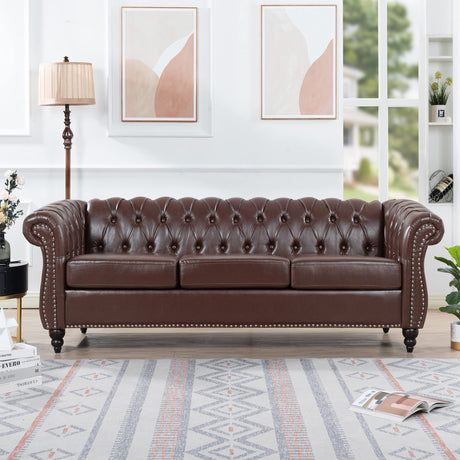 CLUBKNIGHT Modern Chesterfield Sofa Three Seater Couch,Faux Leather Couch with Rolled Arms,Comfy Couches for Living Room,Office,Reception Room(Brown) CLUBKNIGHT
