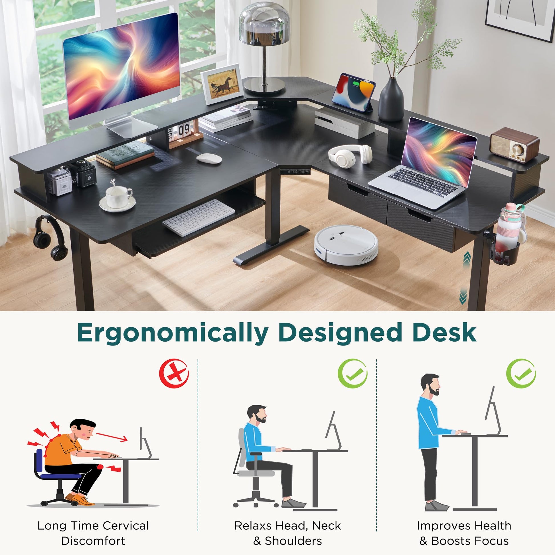 RedLemon 60 Inches L Shaped Electric Standing Desk, Height Adjustable Corner Gaming Desk with Drawers, Power Outlets & LED Lights, Comnputer Desk with Monitor Shelf, Carbon Fiber Black - WoodArtSupply