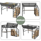 Full Loft Bed with Stairs and Desk, Metal Lofts Bed Full Size with Upper Storage Shelf, Gaming LoftBed with LED, Charging Station and Wardrobe for Teens, Adults,Black MoproBeti