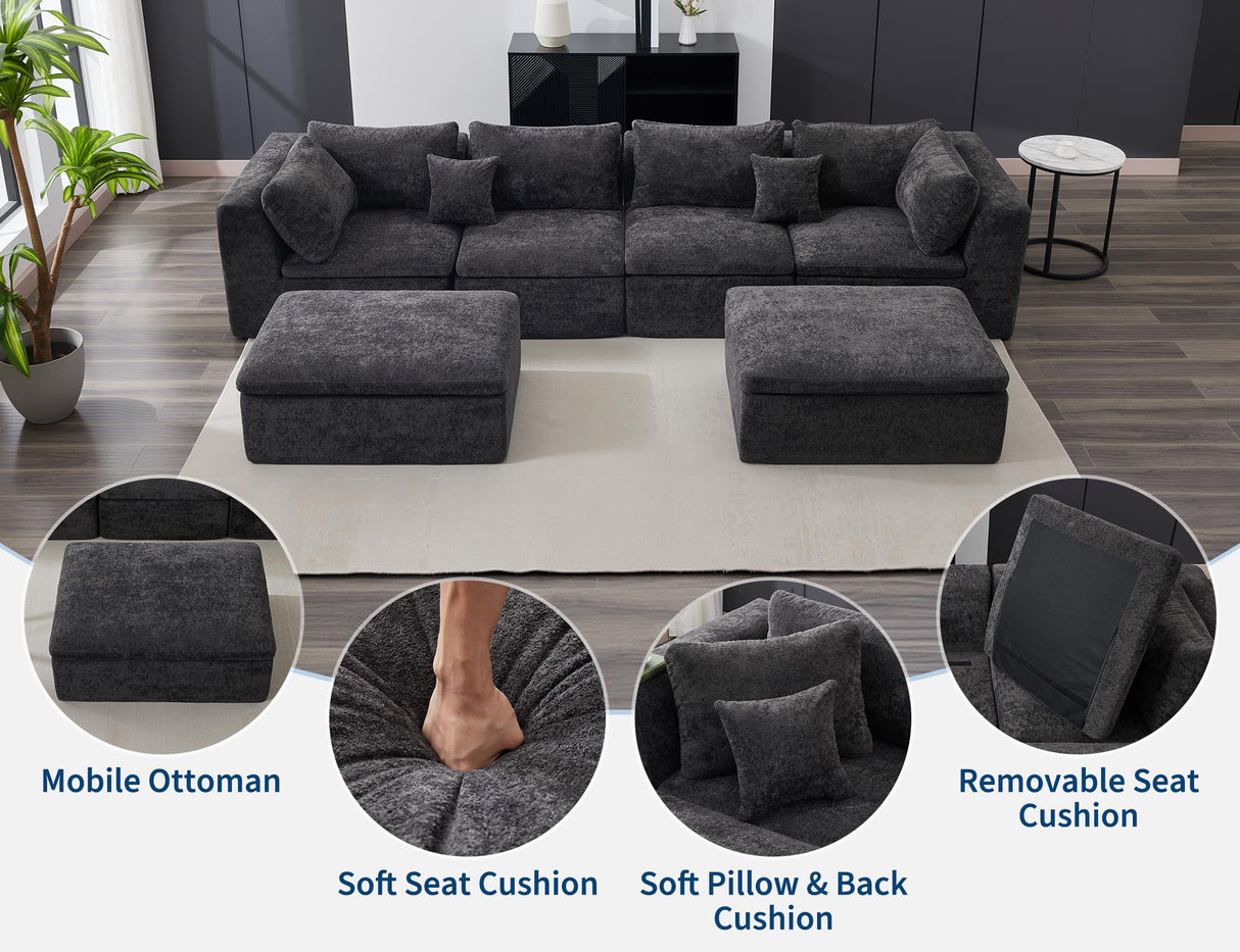 140" Cloud Sectional Couches for Living Room, Convertible U-Shape Boneless Couch with Ottoman, 4 Seater Modular Sectional Sofa, Off-Black Amenitlif