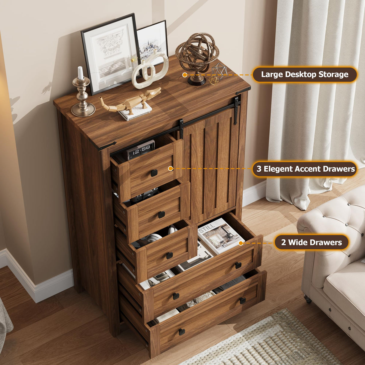 IDEALHOUSE Farmhouse 5 Drawer Dresser for Bedroom, 48" Tall Wood Dresser Chest of Drawer with Sliding Barn Door, Adjustable Shelf, Storage Organizer for Bedroom, Hallway, Living Room, Kitchen, Walnut IDEALHOUSE