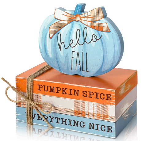Whaline Fall Wooden Tiered Tray Decor Faux Decorative Stacked Books Bundle Wooden Pumpkin Decor Hello Fall Wooden Block Sign for Autumn Thanksgiving Farmhouse Rustic Decor Kitchen Home Decoration Whaline