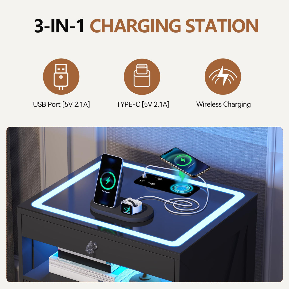 HNEBC 3 Color Dimmable LED End Table with Charging Station,Night Stand with Glass Desktop,Bedside Table with 3 Drawers for Bedroom,Black HNEBC