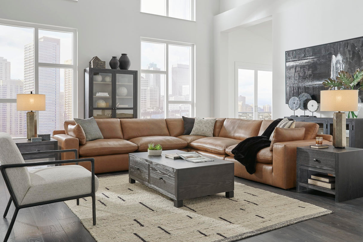 Signature Design by Ashley Emilia Modern Modular Leather Match 5-Piece Sectional with Loose Back Cushions and 2 Bolster Pillows, Light Brown Signature Design by Ashley