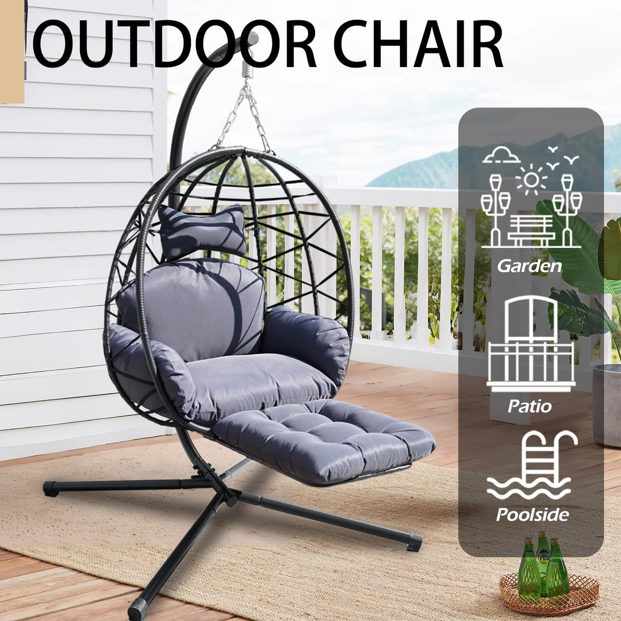Indoor Outdoor Hanging Egg Chair with Stand & Leg Rest – Heavy-Duty Steel Frame, Handwoven Rattan Swing Chair for Patio, Garden, Bedroom – 350 lbs Capacity, Ergonomic Design (Black) Nevsokio