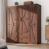 Hlivelood 4 Doors Wardrobe Armoire Closet with Doors and Drawers, Farmhouse Wooden Armoire Storage Cabinet with Shelves & Hanging Rod for Bedroom, Brown Hlivelood