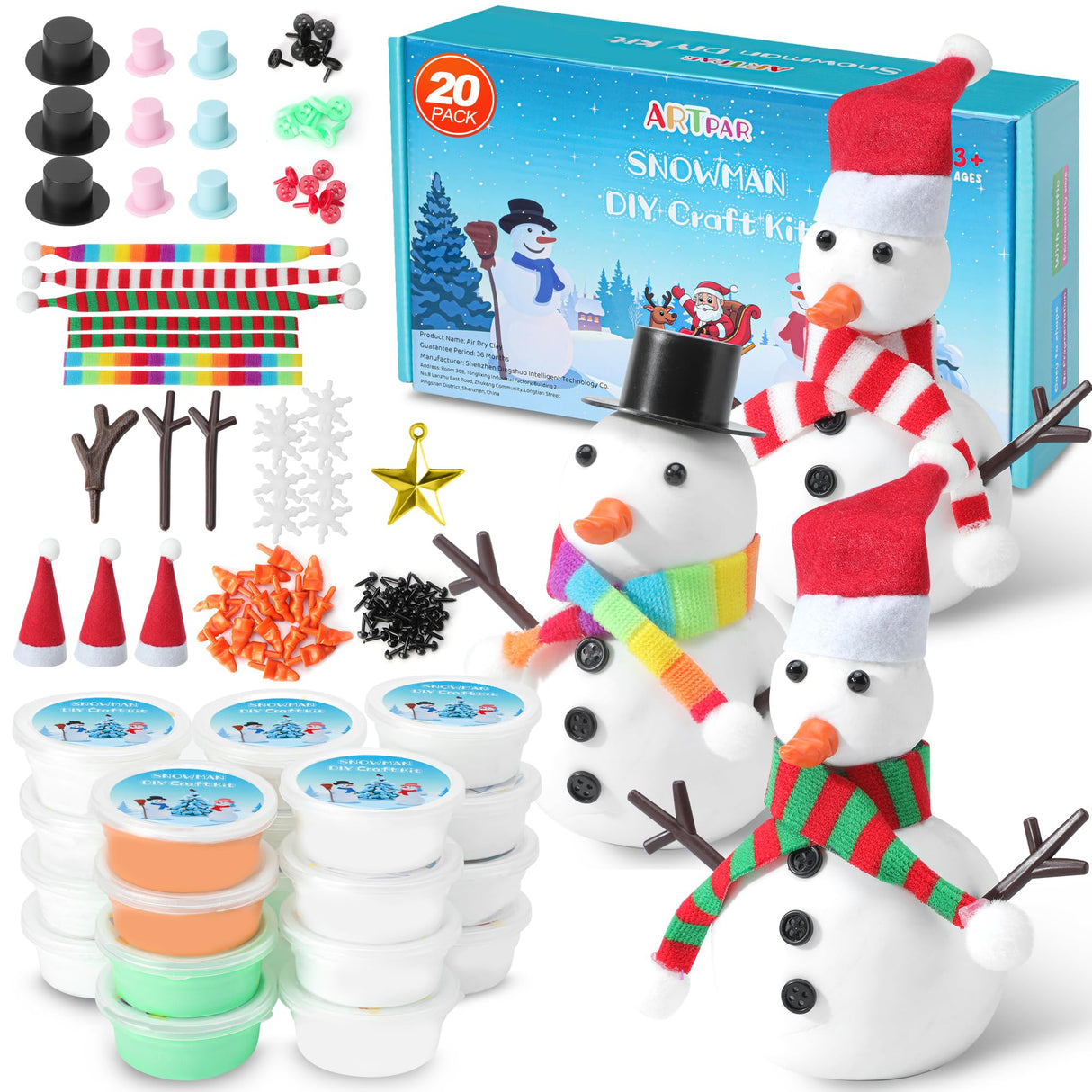 ARTPAR 20 Pack Modeling Clay DIY Snowman Kit,Air Dry Clay Snowman Crafts for Kids,Christmas Stocking Stuffers for Kids,Christmas Crafts Xmas Gift ARTPAR