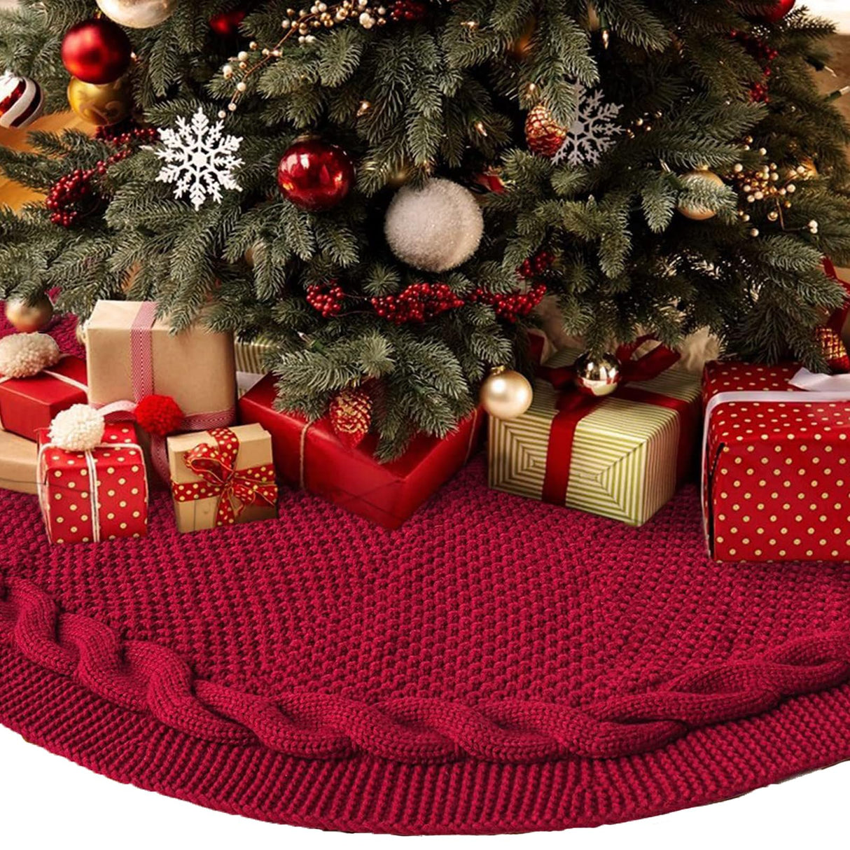 48 Inch Dark Red Knitted Christmas Maroon Tree Skirt， Large Xmas Tree Skirts Round Base Skirt for Christmas Tree Decorations， for 6-8FT Tree Christmas Treer Burgundy Tree Skirt Rug Decorations Generic