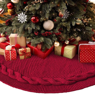 48 Inch Dark Red Knitted Christmas Maroon Tree Skirt， Large Xmas Tree Skirts Round Base Skirt for Christmas Tree Decorations， for 6-8FT Tree Christmas Treer Burgundy Tree Skirt Rug Decorations
