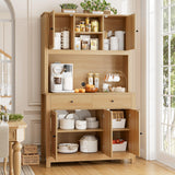 finetones 71" Tall Kitchen Pantry Cabinet, Kitchen Cabinet Hutch Cabinet with Rattan Doors and Microwave Stand, Rattan Kitchen Hutch Food Pantry Cabinet with Drawers & Shelves for Kitchen, Walnut finetones