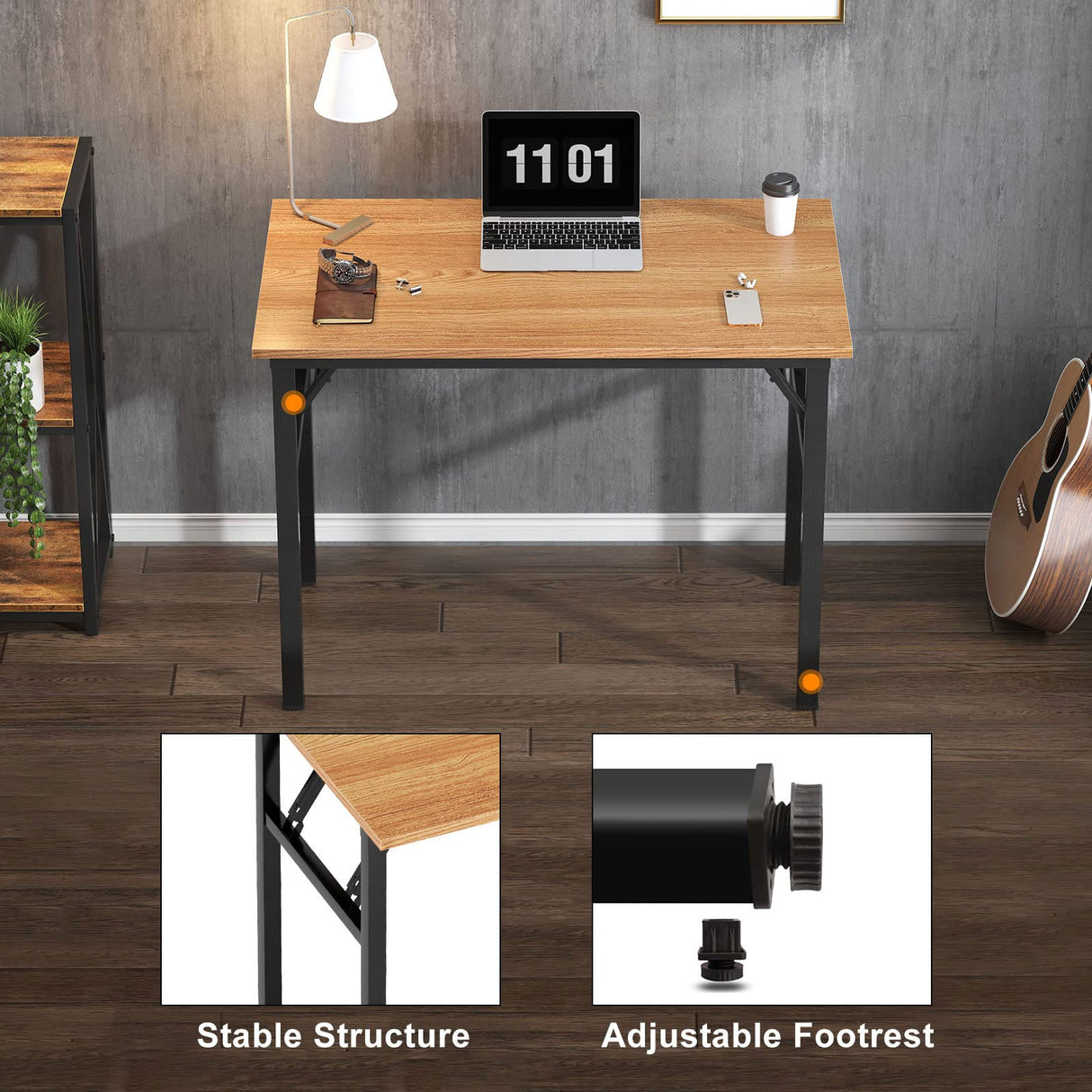 Need Small Computer Desk 31.5 inches Folding Table No Assembly Sturdy Small Writing Desk Folding Desk for Small Spaces, Teak Color Desktop and Black Steel Frame Need