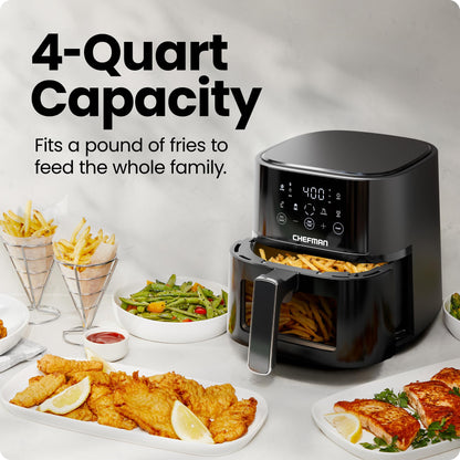 Chefman Air Fryer – 4 QT Compact Airfryer for Quick & Easy Meals, Features Hi-Fry Technology for Extra Crisp, Easy-View Window, Touch Controls with 4 Presets, Nonstick & Dishwasher Safe Basket - Black