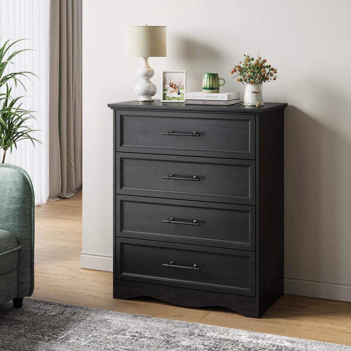 Black Dresser for Bedroom, Farmhouse 36" Tall 4 Drawer Chest with Sleek Brushed Metal Handles, Modern Wood Storage Cabinet with Unique Base Design, Closet Organizer for Bedroom, Living Room, Hallway YANSNWO