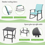 Shintenchi 3 Piece Rocking Bistro Set, Outdoor Furniture with Rocker Chairs and Glass Coffee Table Set of 3, Balcony, Porch Furniture for Small Space, Blue Shintenchi