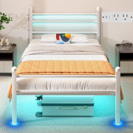 J.Fkne Twin Bed Frame with LED Lights & Charging Station, Metal Platform Bed with Headboard, Heavy Duty Metal Slats, No Box Spring Needed, Noise Free, Easy Assembly, White J.Fkne