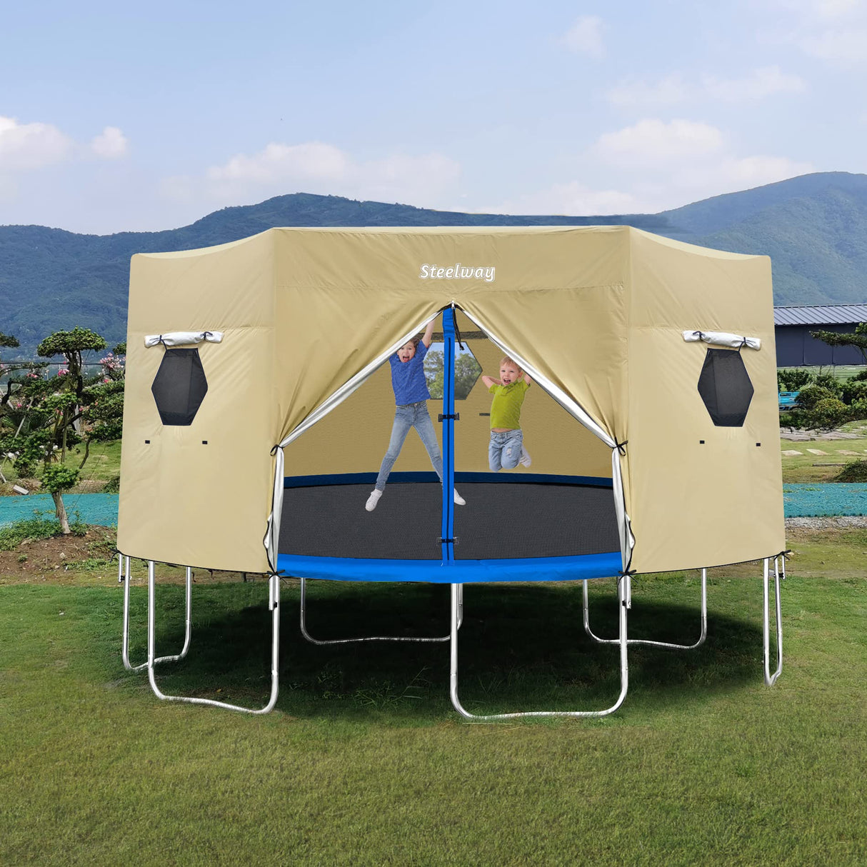 Steelway 14FT Trampoline Tent Cover for Straight Pole Round Trampoline with 6 W-Shape Legs steelway