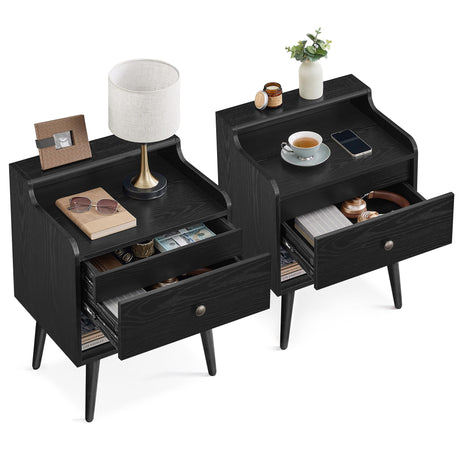 VASAGLE Nightstands, Set of 2, Bedside Tables with Hidden Drawers, Mid-Century End Tables, Ebony Black VASAGLE