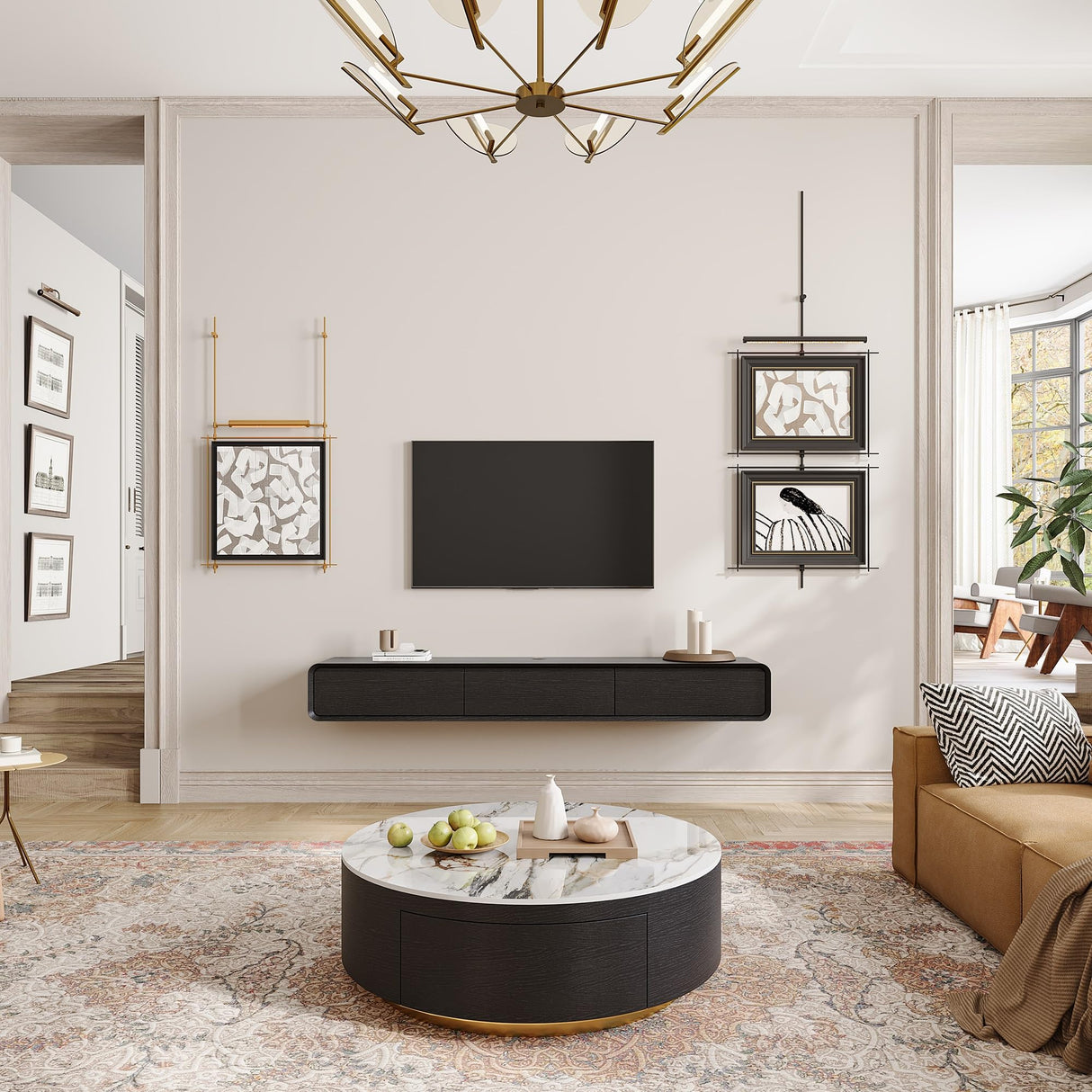 POVISON DONICY Fully-Assembled Minimalist Floating TV Stand, Modern Wall-Mounted Entertainment Center with 3 Drawers, Solid Wood, Black Oak, 78" POVISON DONICY