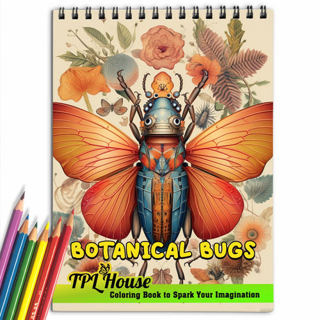 TPLHOUSE Botanical Bugs Coloring Book Spiral Bound for Adults, Premium Cover, 30 Enchanting Coloring Pages in Insect Garden's Wonder for Stress Relief and Relaxation TPLHOUSE