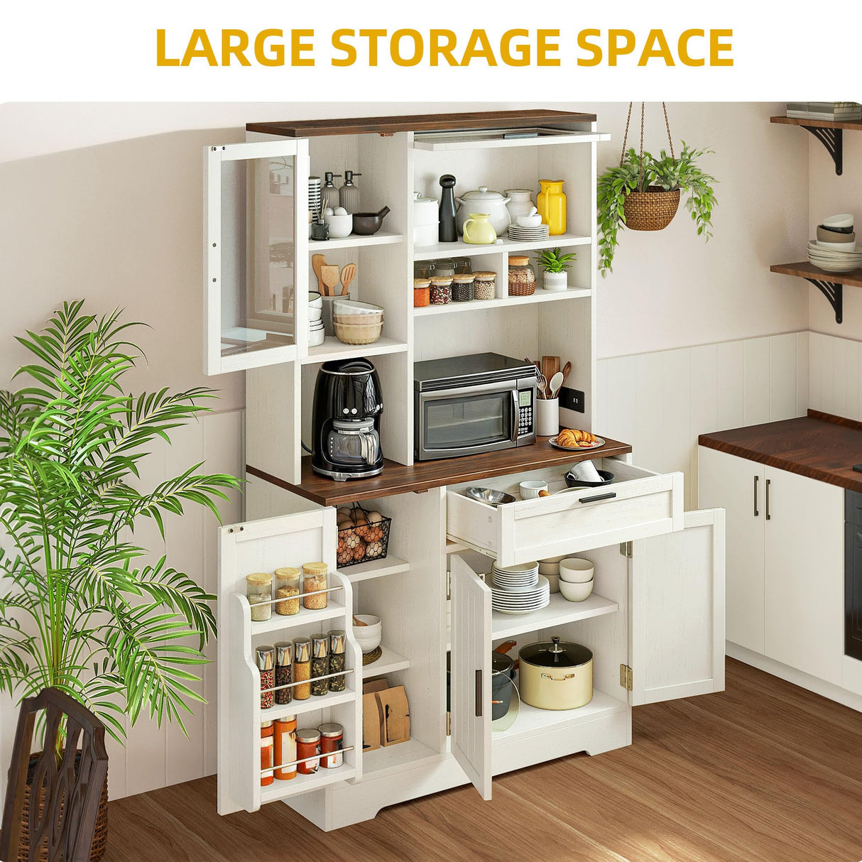 DWVO Tall Kitchen Pantry Storage Cabinet with Power Outlet, Farmhouse Storage Cabinets with Door & Shelves,Kitchen Hutch Buffet Cabinet with Microwave Stand, Walnut White DWVO