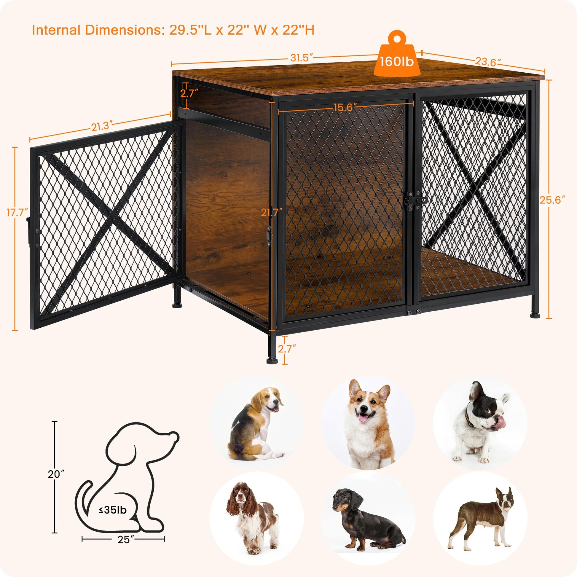 DWANTON Dog Crate Furniture, 31.5" L Three-Door Wooden Dog Kennel Indoor, Connectable Expansion, Wooden Dog Crate Table for Medium/Large Dog, Dog House, Dog Cage Large, Rustic Brown - WoodArtSupply