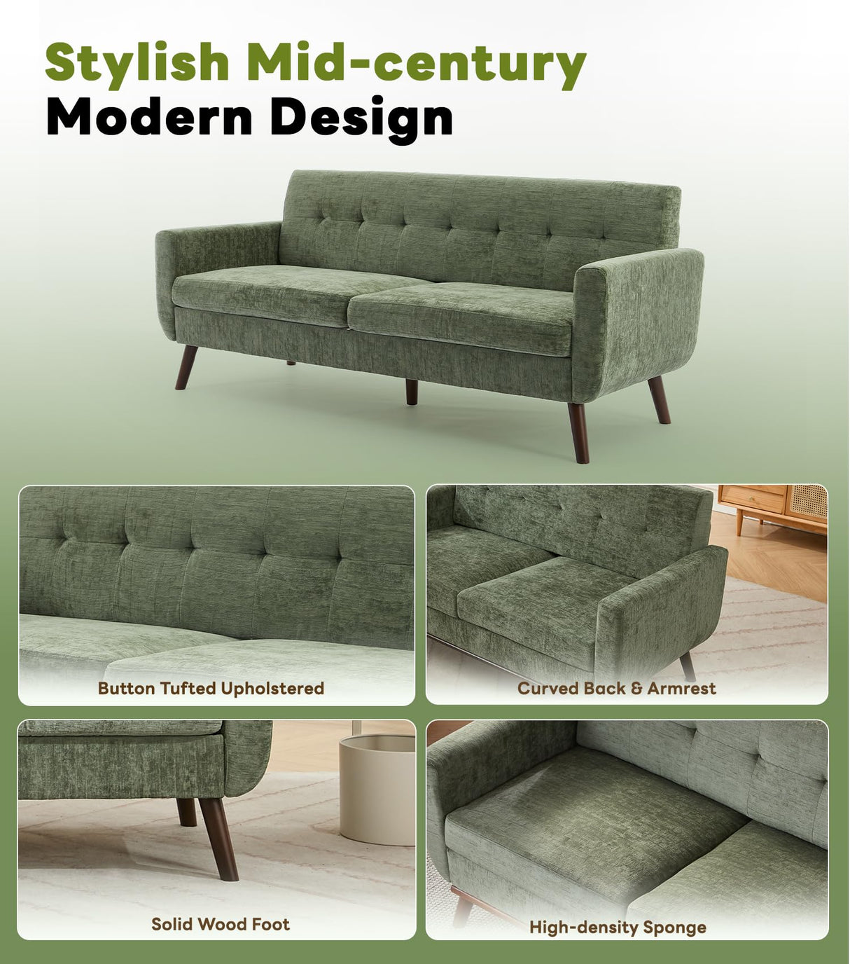 Tbfit 77.2" W Linen Sofa Couch, Mid Century Modern Decor Loveseat Couches for Living Room, Button Tufted Upholstered Small Couch for Bedroom, Solid, and Easy to Install Love Seats Furniture, Green Tbfit