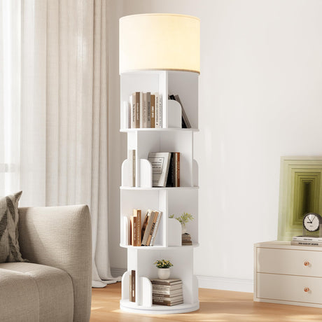 INNOD Rotating Bookshelf with Light, 4 Tier Spinning Bookshelf Tower, 360° Revolving Bookcase, Small Corner Book Shelf for Kids Rooms, Bedrooms, Living Rooms, Home Offices, and Compact Areas, White INNOD