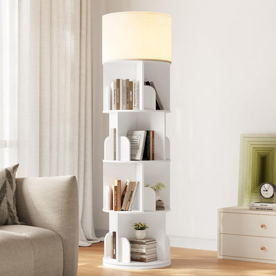 INNOD Rotating Bookshelf with Light, 4 Tier Spinning Bookshelf Tower, 360° Revolving Bookcase, Small Corner Book Shelf for Kids Rooms, Bedrooms, Living Rooms, Home Offices, and Compact Areas, White
