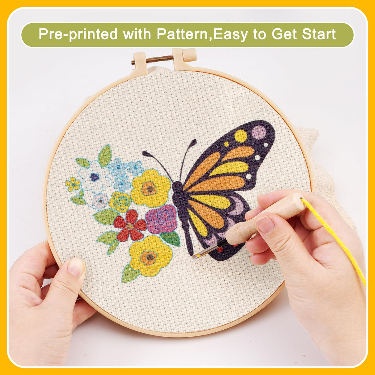 Pllieay 3 Sets Punch Needle Kits, Punch Needle Embroidery Kit for Beginners Including Embroidery Fabric with Pre-Printed Pattern, Hoop, Yarns and Tools Pllieay