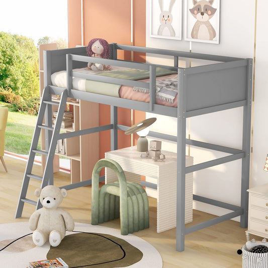 Stylish Grey Twin Loft Bed Frame with Angled Ladder by Harper & Bright Designs - WoodArtSupply